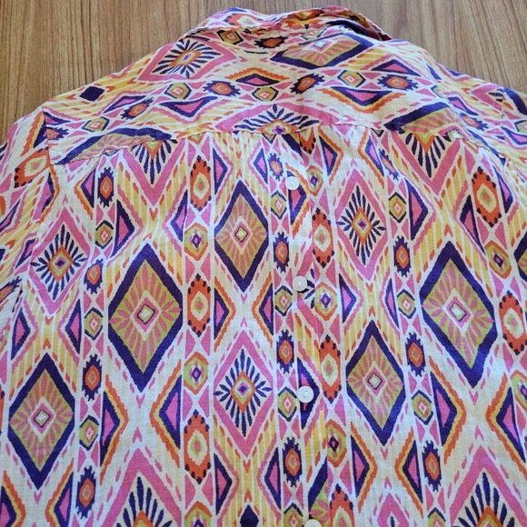 Chicos Top Shirt Womens Large Pink Linen Southwest Button Front Casual Career - Picture 15 of 16